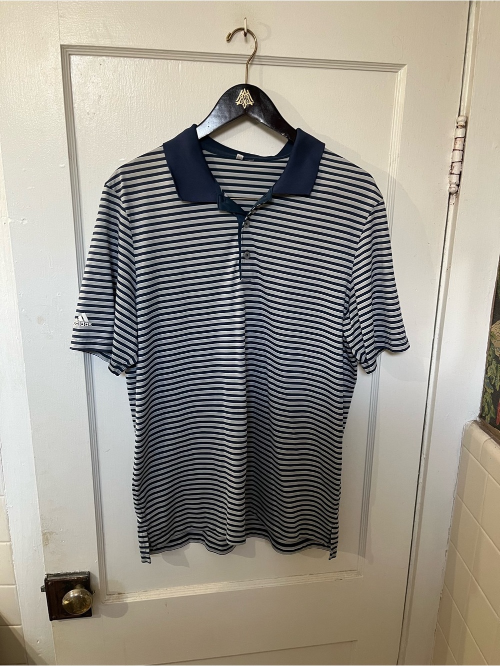 adidas Men's Striped Performance Golf Polo Shirt Size Large Blue Gray EUC